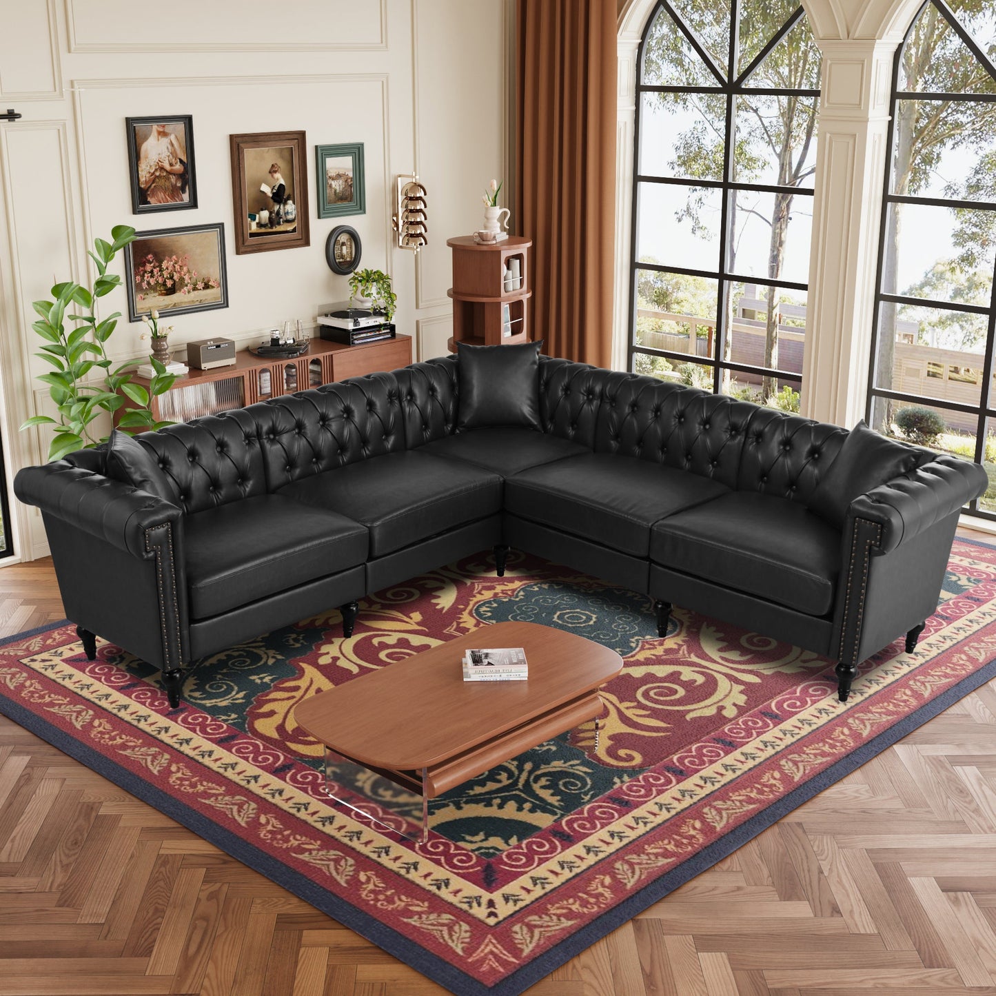 Sectional Sofa Couch for Living Room, L Shaped Reversible Modern Chesterfield Sofa with Rolled Arms and Nailhead, 5 Seat Tufted Couch for Small or Large Space(Black) PU Leather