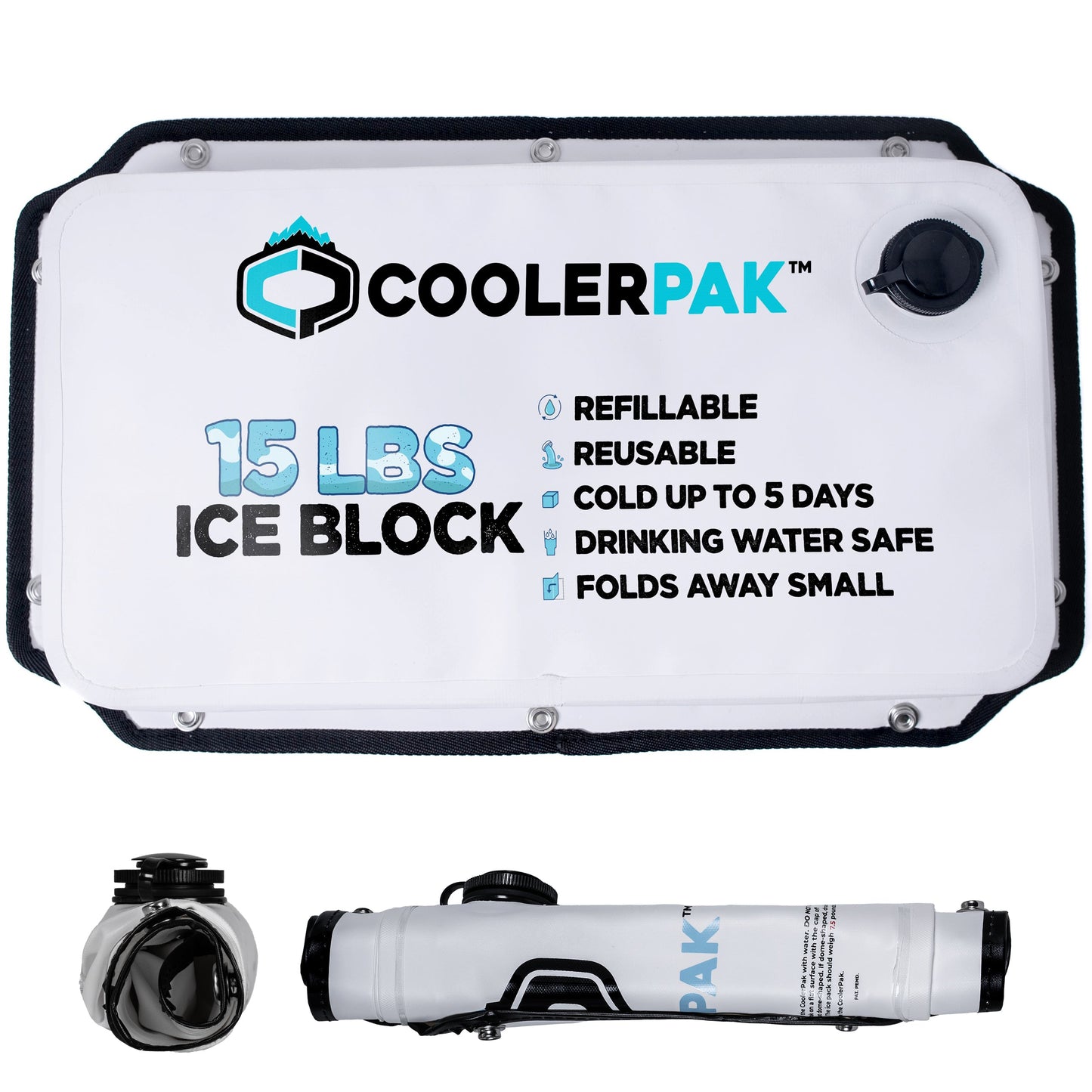 CoolerPak Ice Pack -Refillable Reusable – Cold for Days – Non-Toxic, Leakproof, Potable Drinking Water Safe – Built Tough, Rolls Up for Storage