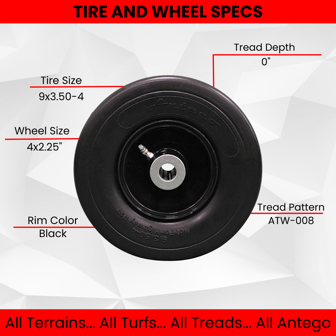 9x3.50-4 Flat Free Tire and Wheel Assemblies - Fits ExMark 103-1224, 4.5" Hub, 3/4" Caged Roller Bearings (Set of 4)