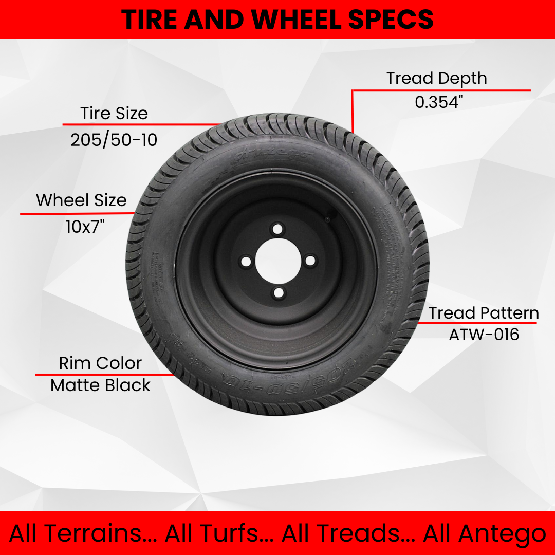 205/50-10 with 10x7 Matte Black Wheels for Golf Cart (Set of 2)