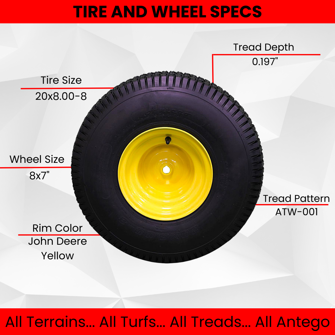 20x8.00-8 4 Ply Tires with 8x7 John Deere Yellow Wheels for Lawn & Garden Mower Turf Tires (Set of 2)