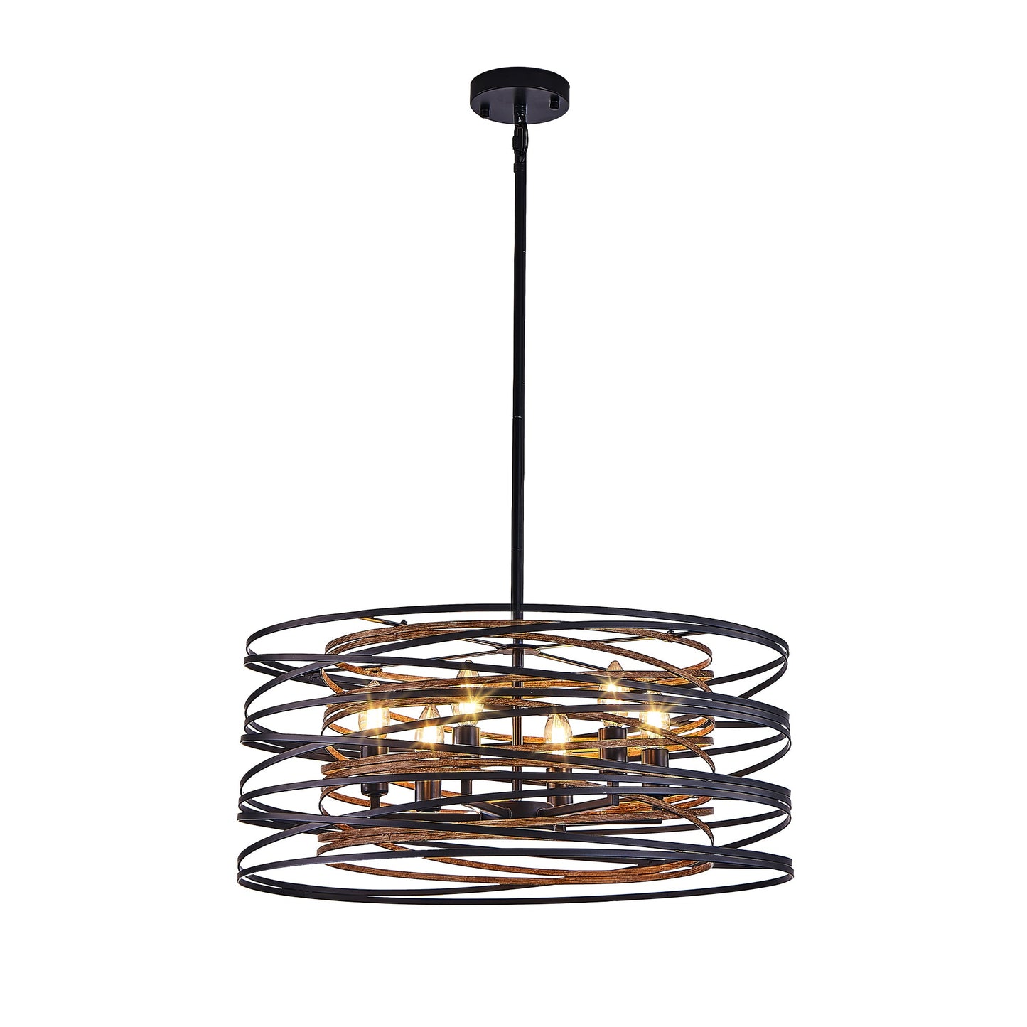 24" Rustic Industrial Black and Walnut Metal Cage Chandelier