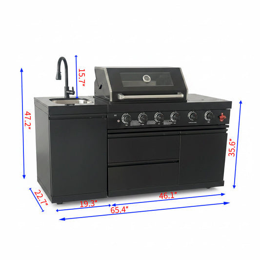 65" 4-Burner 72,000 BTU Black Outdoor Kitchen Island Grill + Round Side Burner