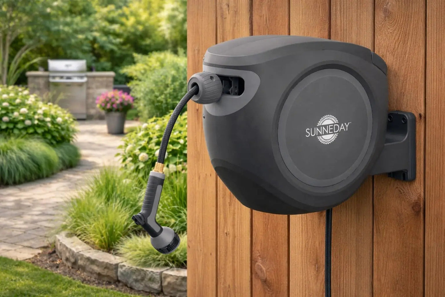Sunneday Retractable Hose Reel | 100 ft | Auto Rewind | 180° Swivel Wall Mount | Black/Gray | 1/2" & 5/8"