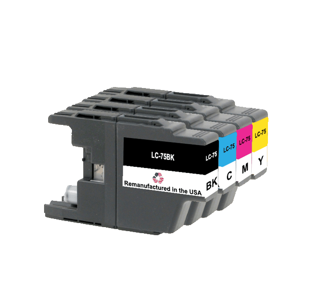 U.S. Remanufactured for Brother LC75 1 Black / 3 Color Ink Cartridges 4-pack
