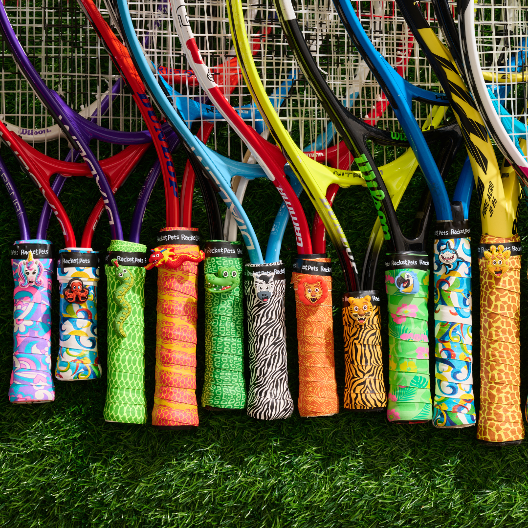 VALUE PACK - A Orange Octopus Racket Pet Tennis Dampener and Blue Overgrip Tape with a (Pack of 2) Replacement Overgrip Tape