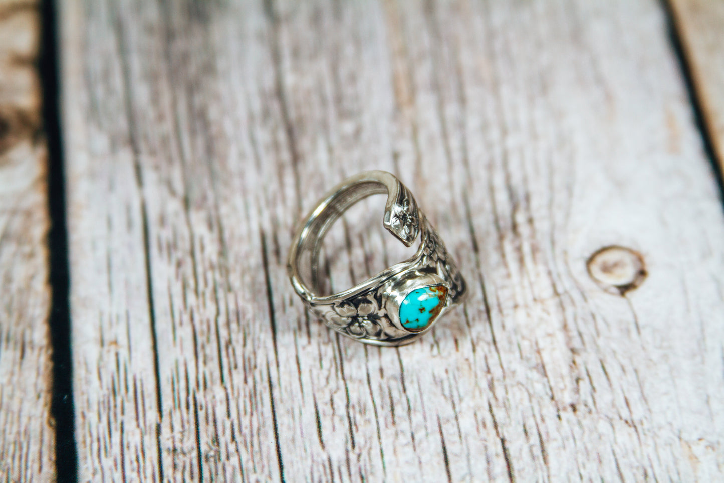 Antique Sterling Silver Spoon Ring with Kingman Turquoise | Handmade Upcycled Adjustable Ring