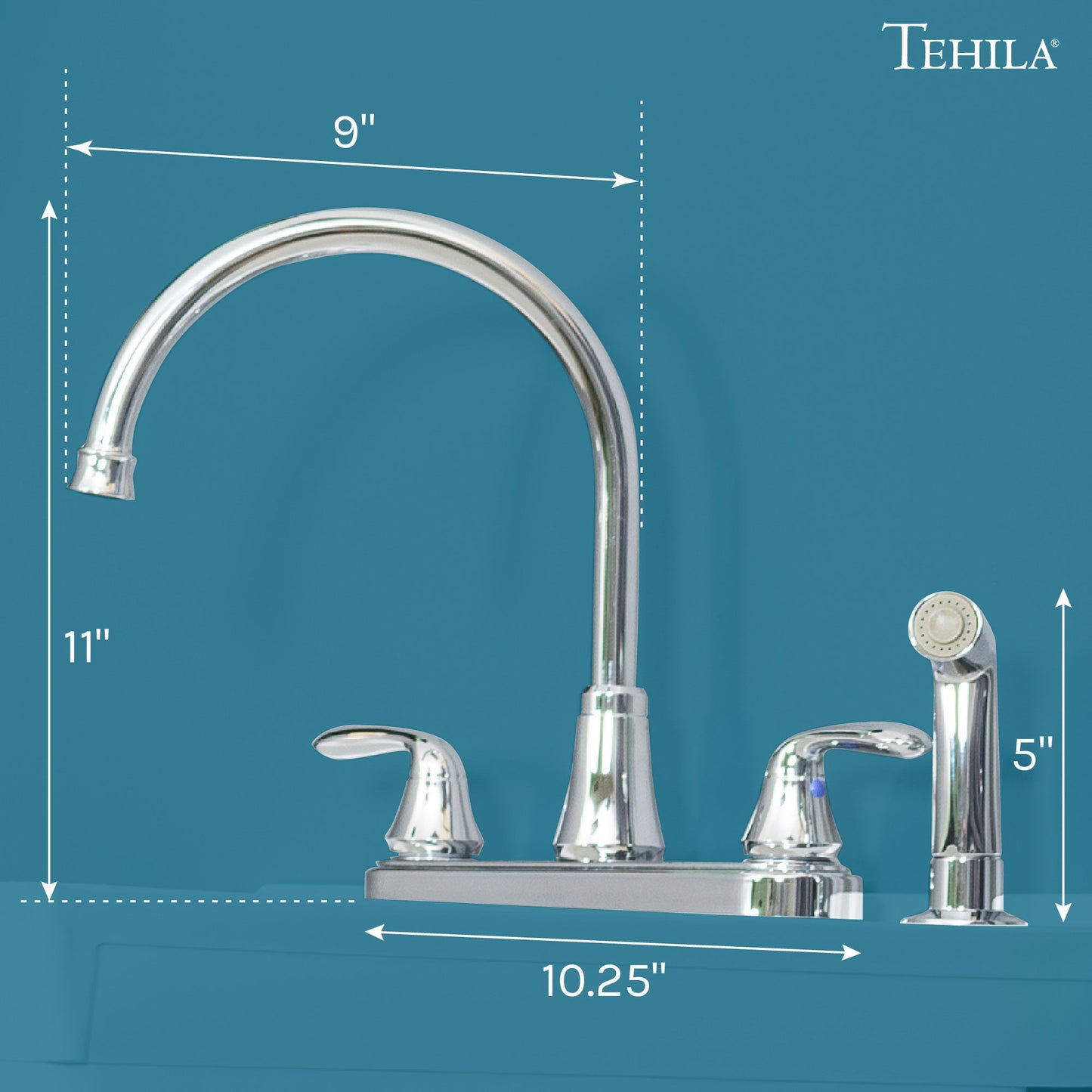 Tehila Chrome Finish Wide-set Gooseneck Faucet with Side Sprayer