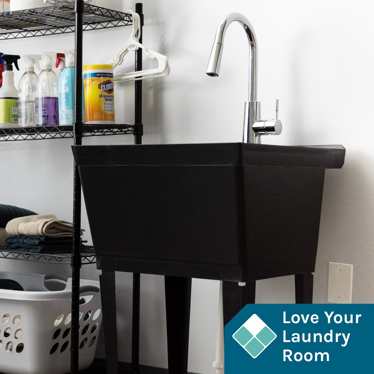 Tehila Standard Freestanding Black Utility Sink with Chrome Finish High-Arc Pull-Down Faucet