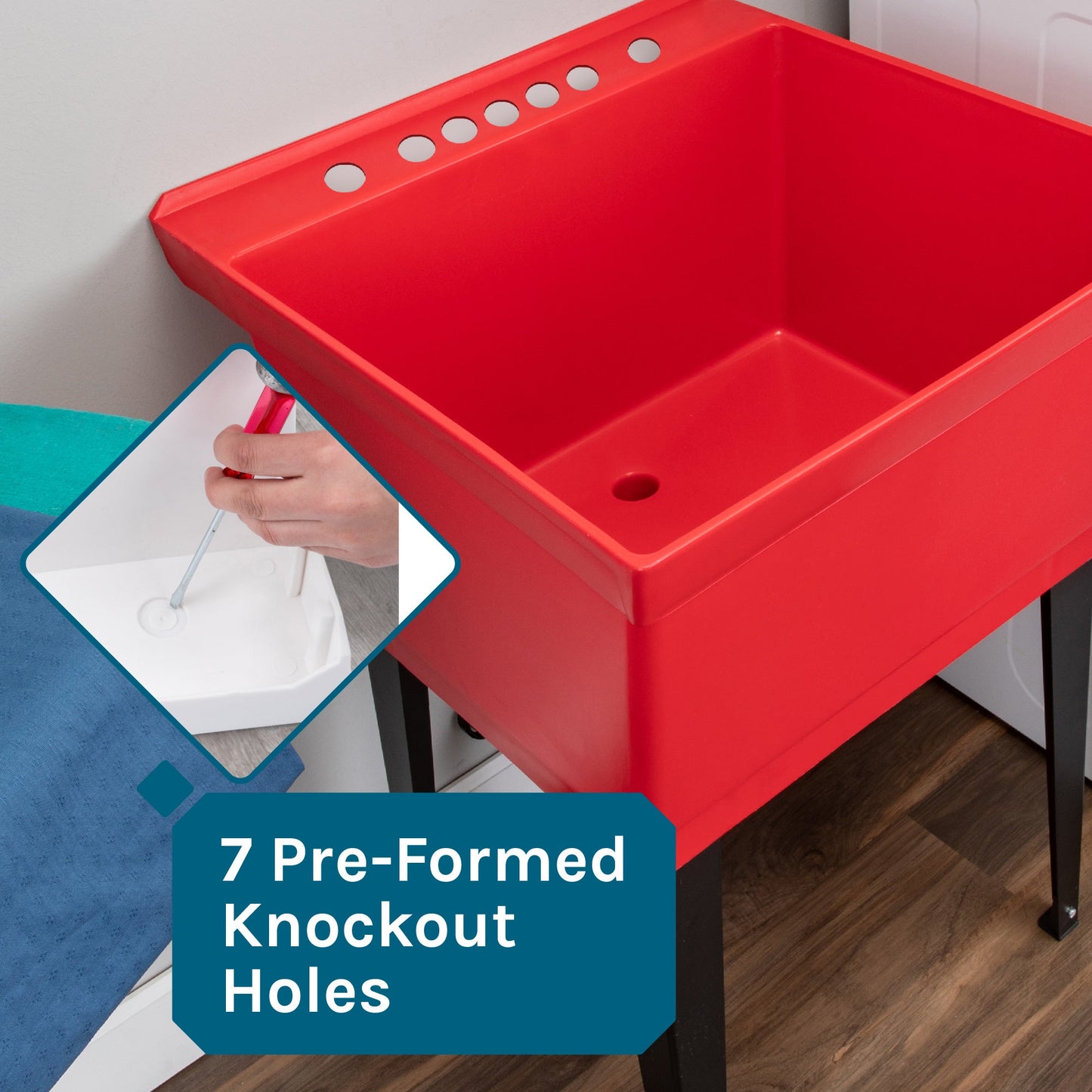 Tehila Standard Freestanding Red Utility Sink with Black Legs and Black Finish Wide-set Gooseneck Faucet with Side Sprayer