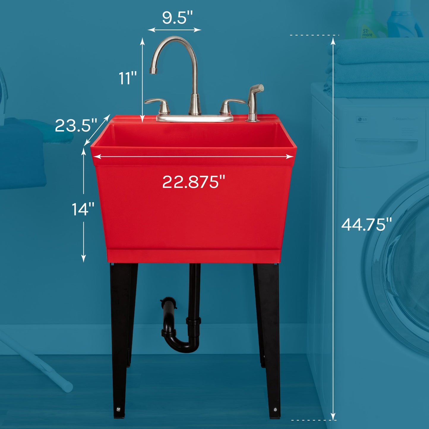 Tehila Standard Freestanding Red Utility Sink with Black Legs and Stainless Steel Finish Wide-set Gooseneck Faucet with Side Sprayer