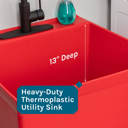 Tehila Standard Freestanding Red Utility Sink with Black Finish High-Arc Coil Pull-Down Faucet