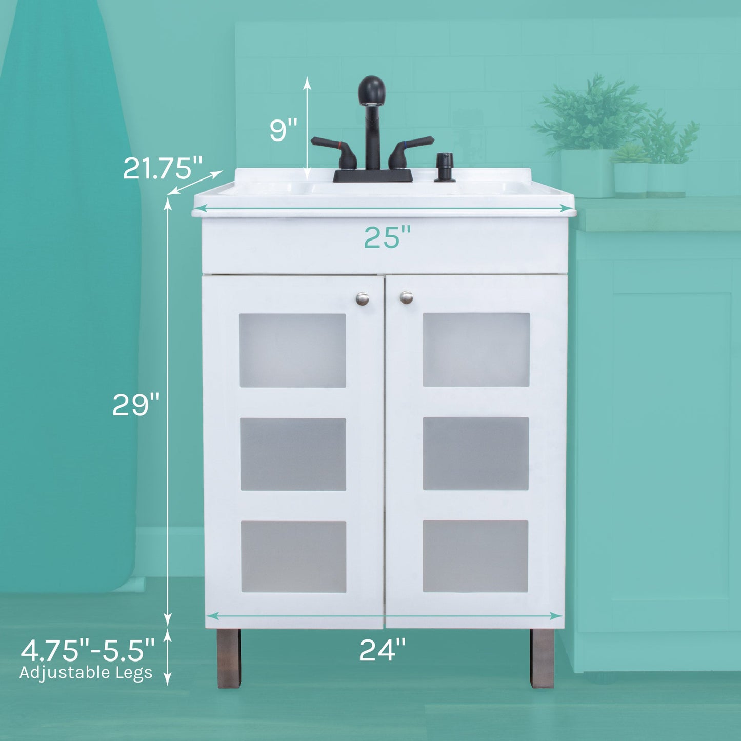 Tehila White Vanity Cabinet and White Utility Sink with Black Finish Pull-Out Faucet