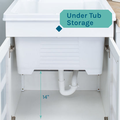 Tehila White Vanity Cabinet and White Utility Sink with Stainless Steel Finish High-Arc Coil Pull-Down Faucet