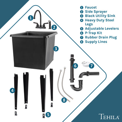 Tehila Space Saver Freestanding Black Utility Sink with Black Finish Gooseneck Faucet and Side Sprayer
