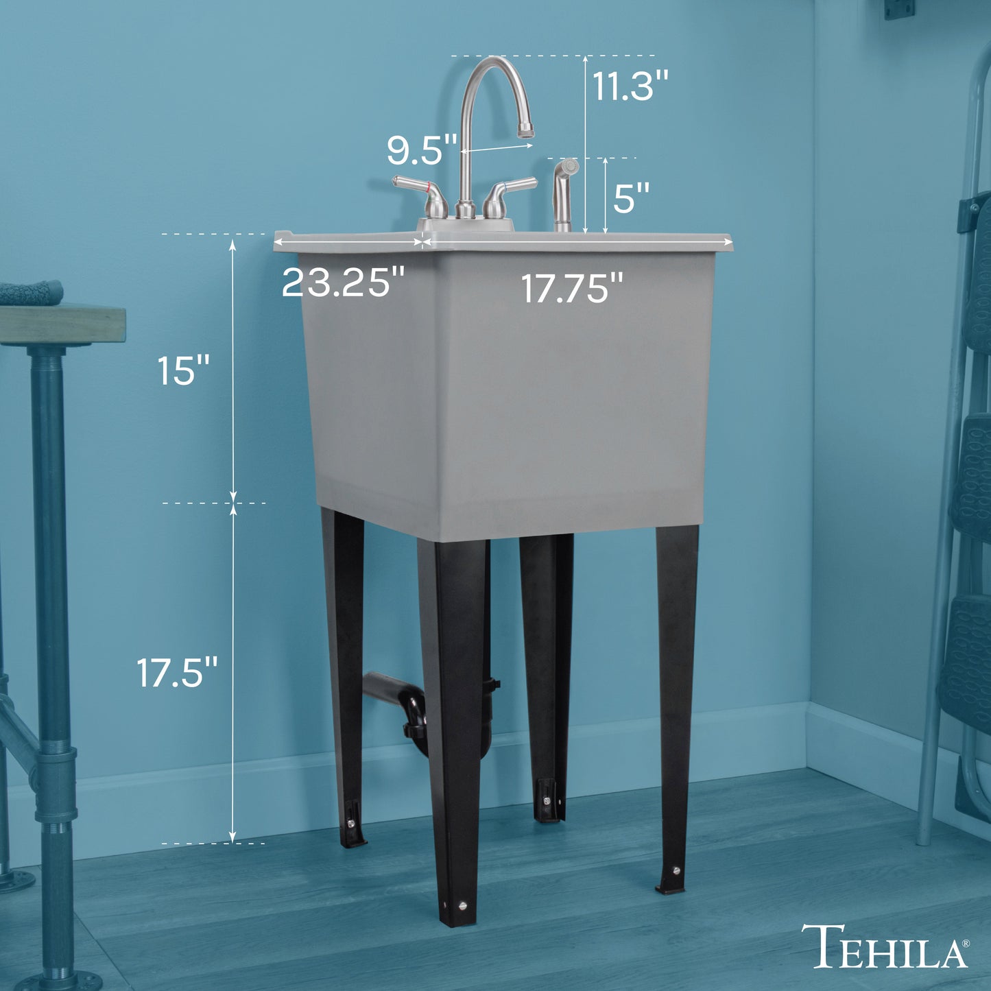 Tehila Space Saver Freestanding Grey Utility Sink with Stainless Steel Finish Gooseneck Faucet and Side Sprayer