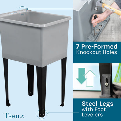 Tehila Space Saver Freestanding Grey Utility Sink with Stainless Steel Finish Gooseneck Faucet and Side Sprayer