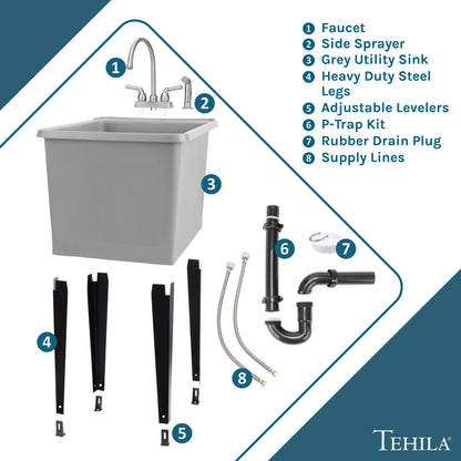 Tehila Space Saver Freestanding Grey Utility Sink with Stainless Steel Finish Gooseneck Faucet and Side Sprayer
