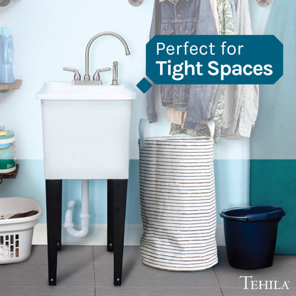 Tehila Space Saver Freestanding White Utility Sink with Stainless Steel Finish Gooseneck Faucet and Side Sprayer