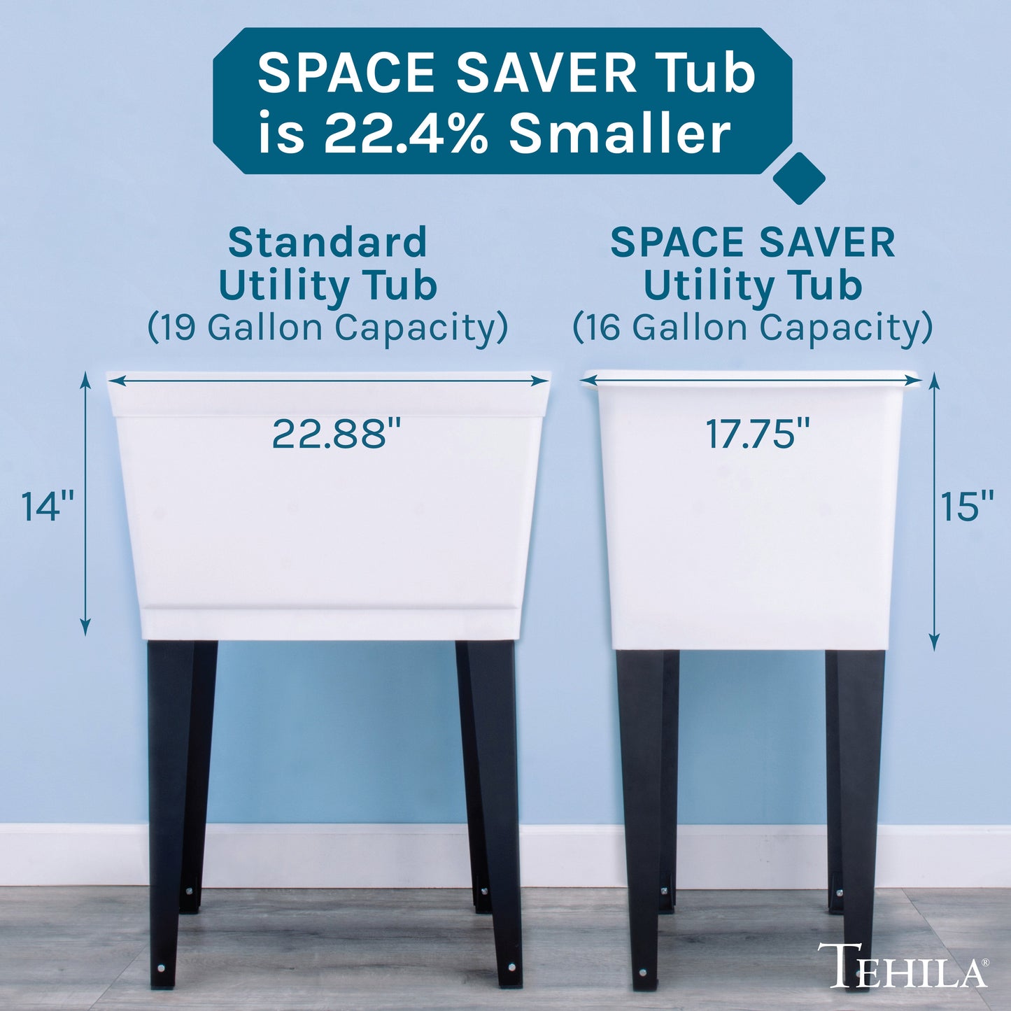 Tehila Space Saver Freestanding White Utility Sink with Stainless Steel Finish Gooseneck Faucet and Side Sprayer