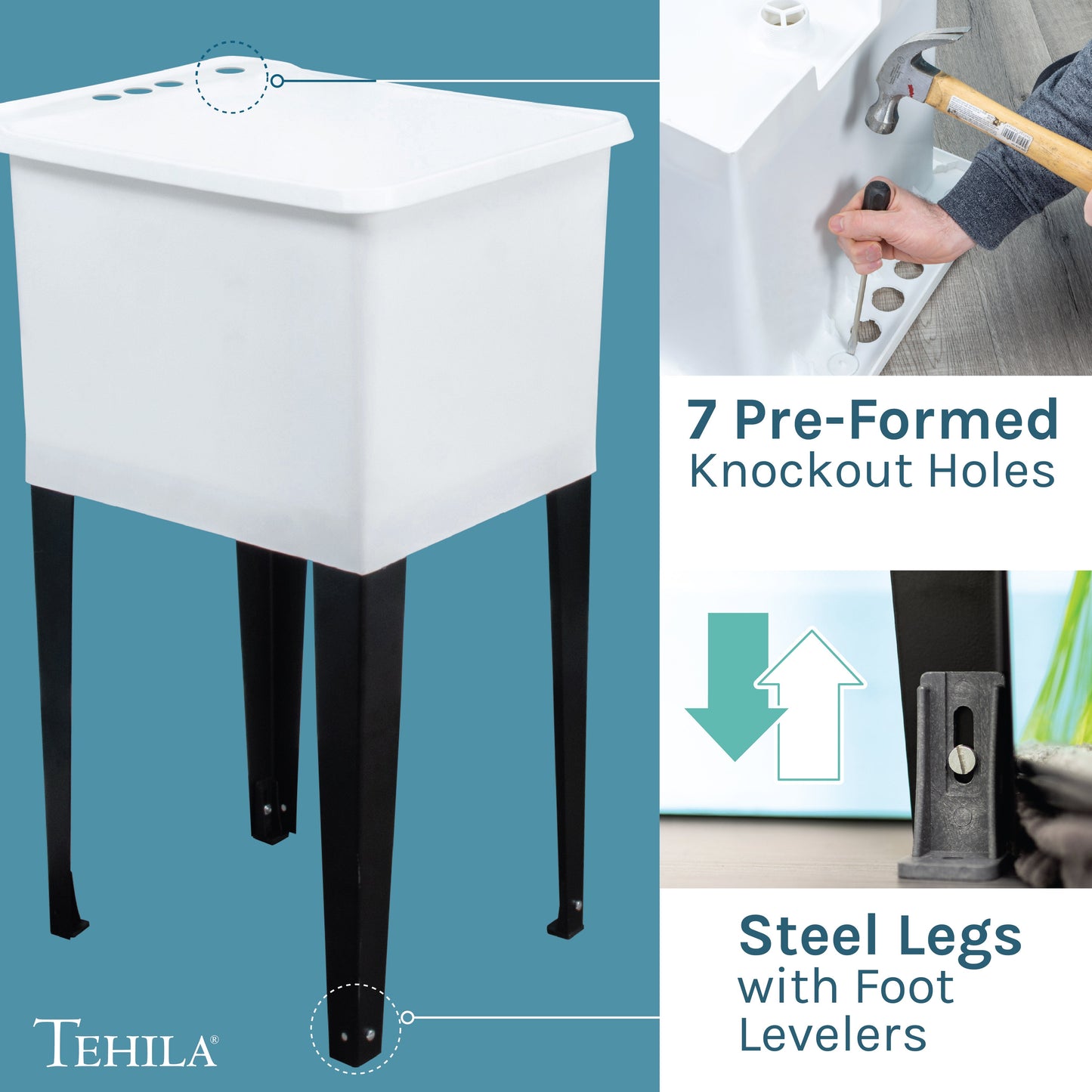 Tehila Space Saver Freestanding White Utility Sink with Chrome Finish Low-Profile Pull-Down Faucet