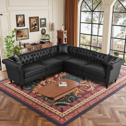 Sectional Sofa Couch for Living Room, L Shaped Reversible Modern Chesterfield Sofa with Rolled Arms and Nailhead, 5 Seat Tufted Couch for Small or Large Space(Black) PU Leather