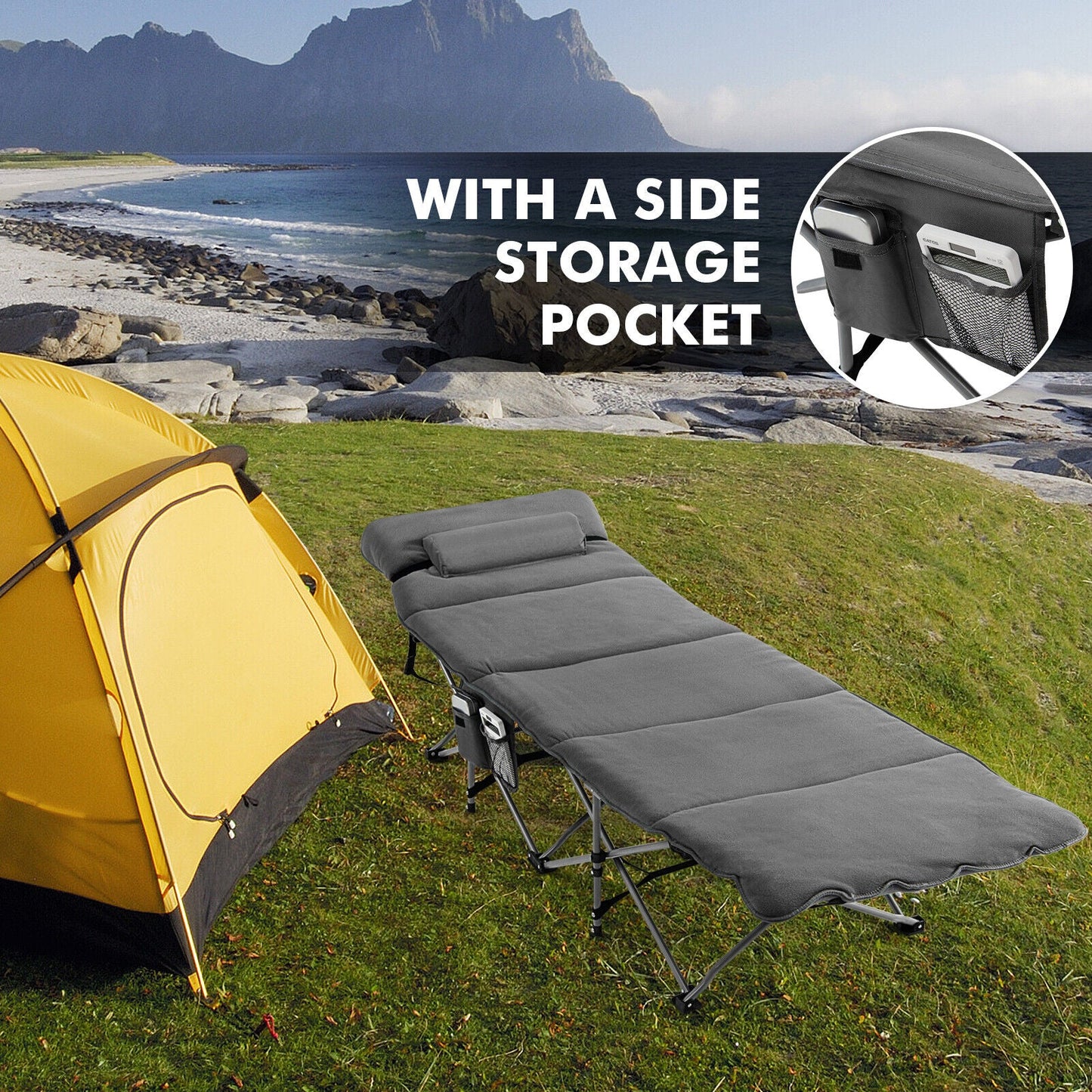 Folding Retractable Travel Camping Cot with Mattress and Carry Bag