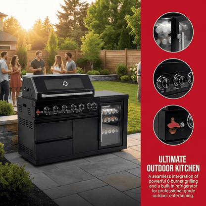 63" 6-Burner Black Outdoor Kitchen Island Grill + Fridge