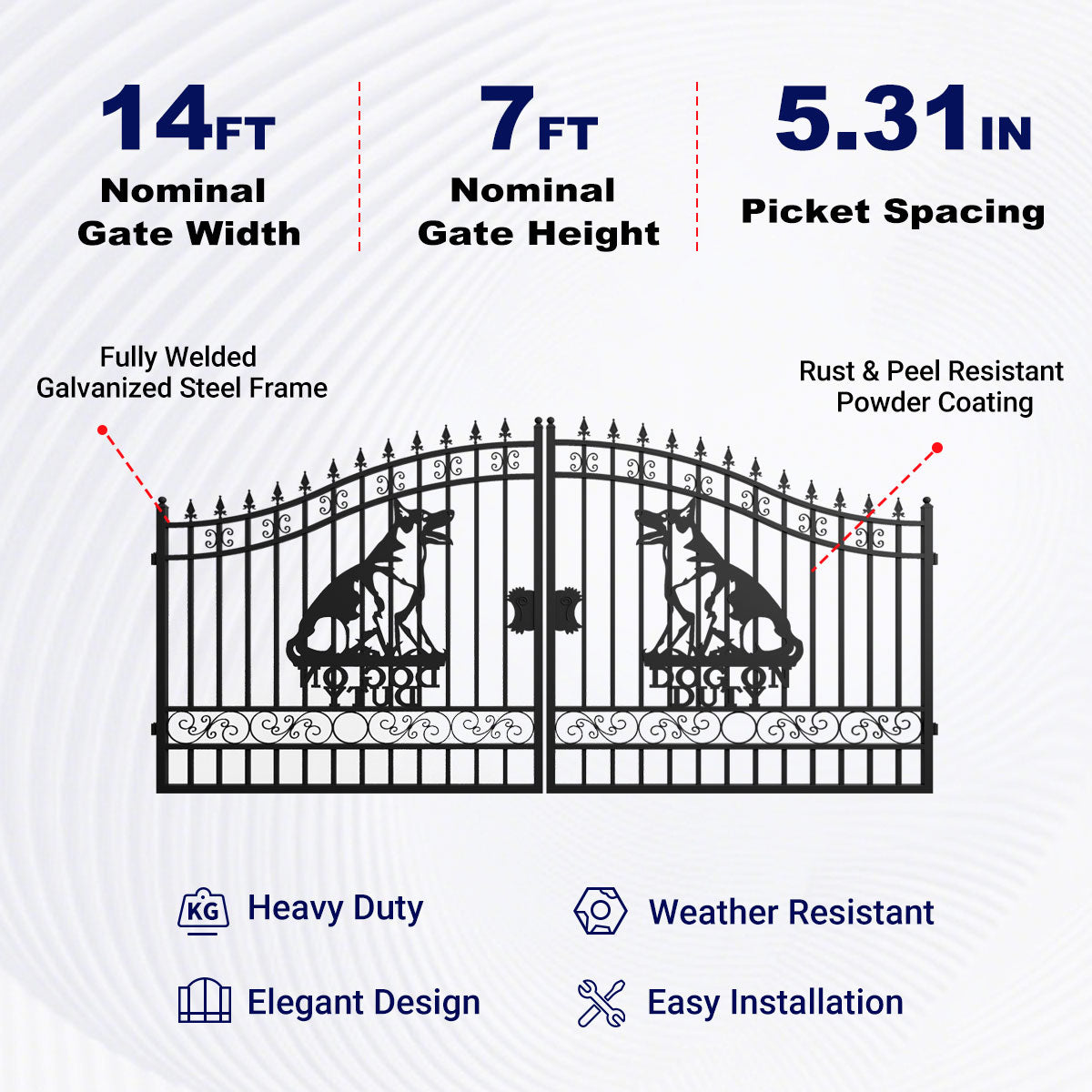 14x7 ft Steel Dual Swing Driveway Gate with Dog Pattern