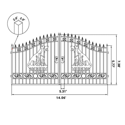 14x7 ft Steel Dual Swing Driveway Gate with Dog Pattern
