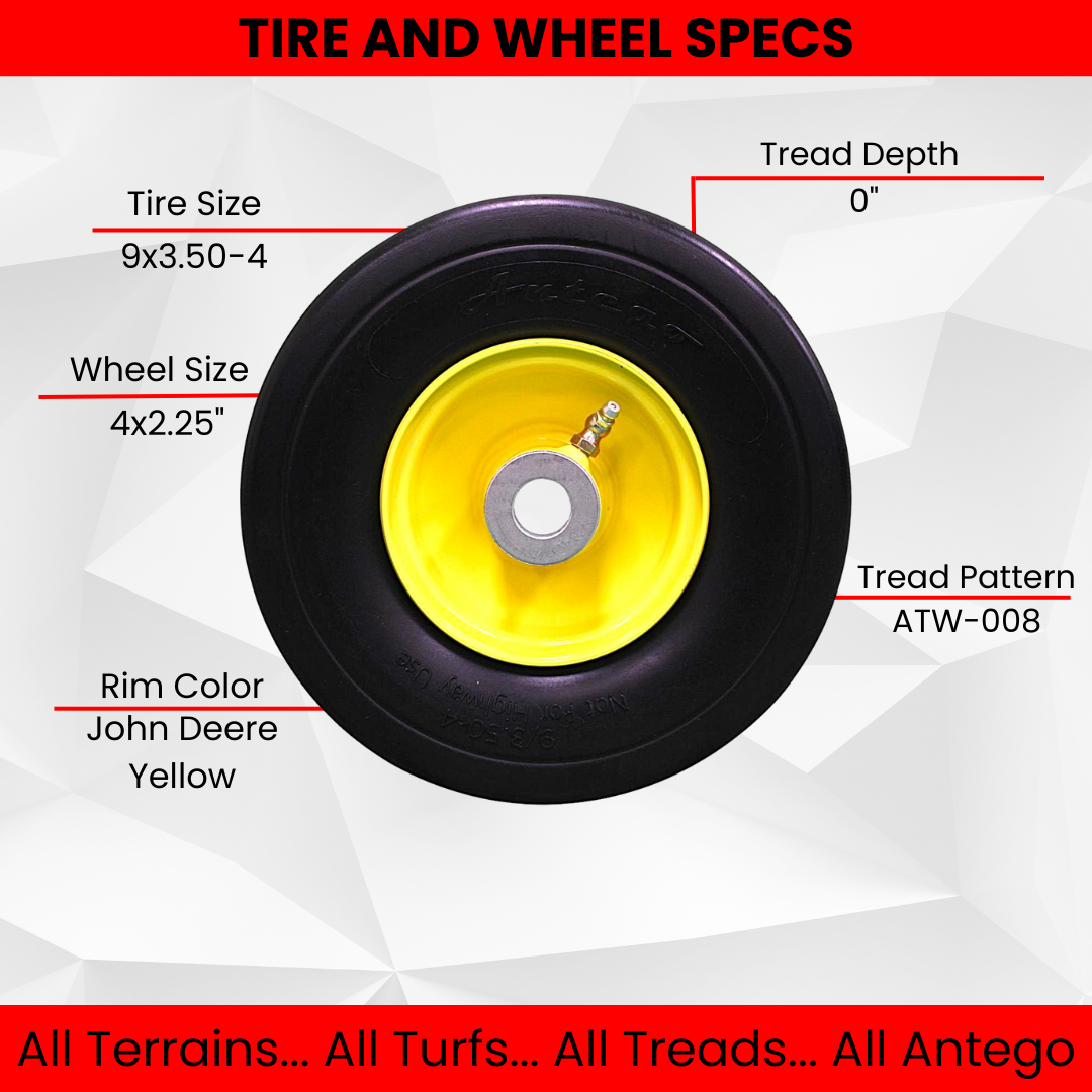 9x3.50-4 Flat Free Tire and Wheel Assemblies - Fits John Deere 38",48", 54"" AM115510, 4" Hub, 3/4" Caged Roller Bearings (Qty: 1)