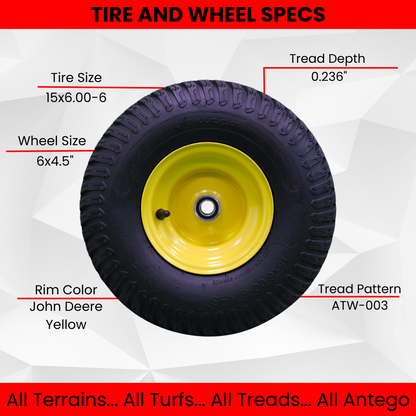 Antego Tire & Wheel (Set of 2) 15x6.00-6 Tire and Wheel Assemblies, ATW-003, 4 Ply Turf Tires, .75" Precision Ball Bearings, John Deere 15x6.00-6NHS Lawn Mower Tires, John Deere Front Tires 15x6.00-6