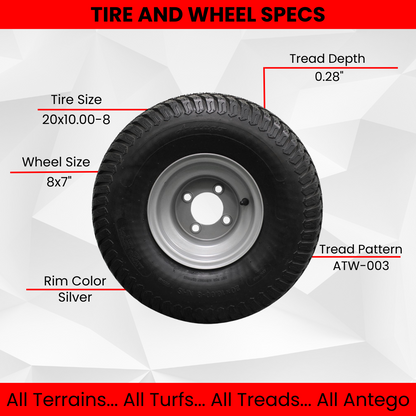 20x10.00-8  4 Ply Turf Tires with 8x7 Wheels  Lawn & Garden Mower and Golf Cart (Qty: 1)