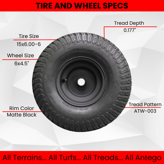 (Set of 4) Matte Black Universal Fit 15x6.00-6 Tires & Wheels 4 Ply for Lawn & Garden Mower Turf Tires .75" Bearing (ATW-003)