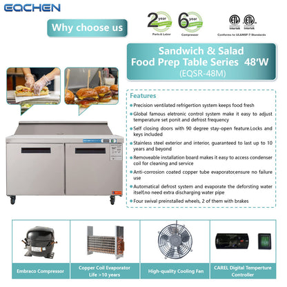 48 inch Salad Sandwich Prep Table Refrigerator, Stainless Steel Food Prep Cooler