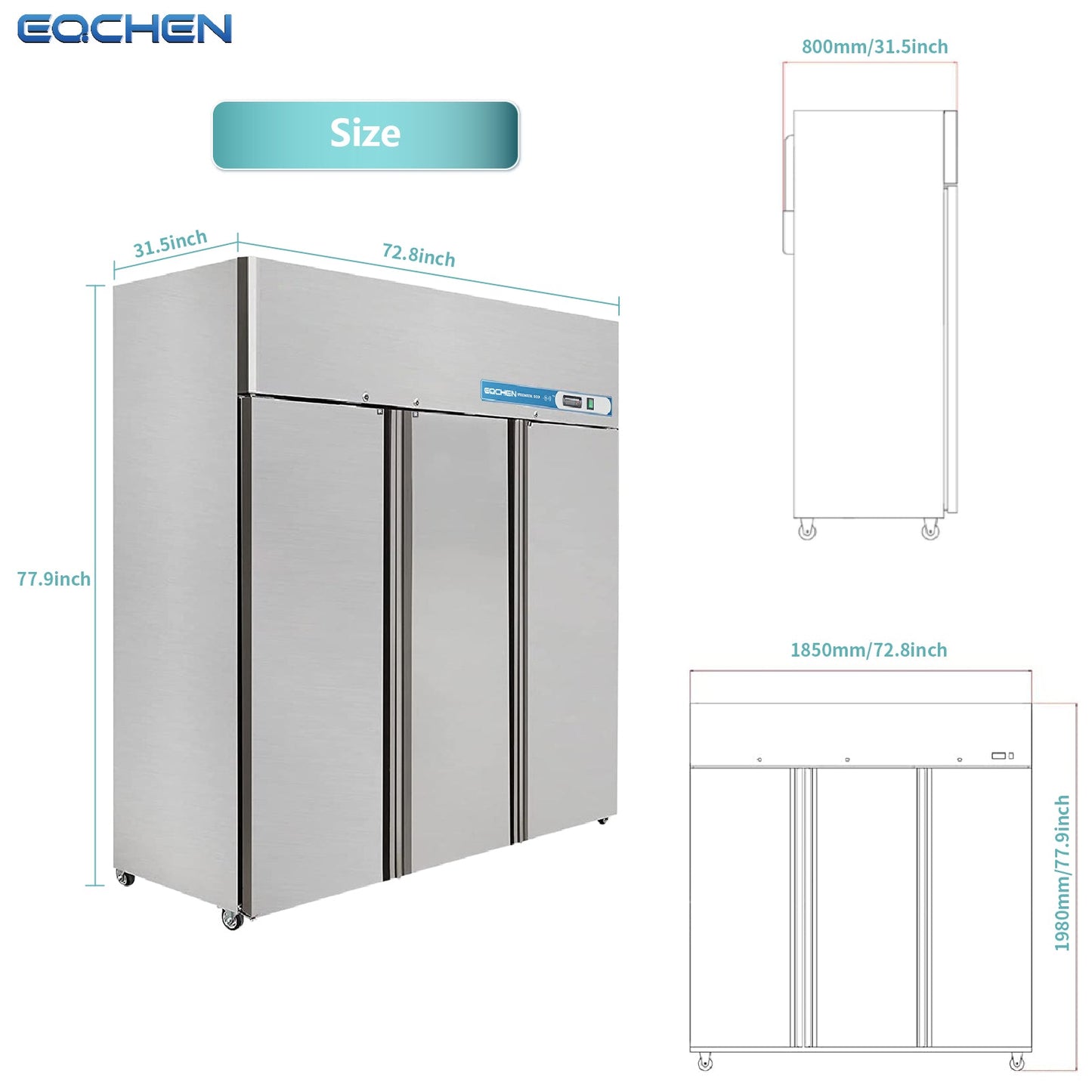 Commercial Fridge and Freezer Combo, EQCHEN 72" 3 door Reach-In Commercial Refrigerator and Freezer Combination
