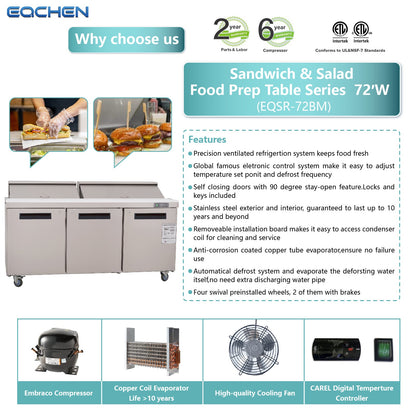72 inch Salad Sandwich Prep Table Refrigerator, Mega Top, Stainless Steel Food Prep Cooler