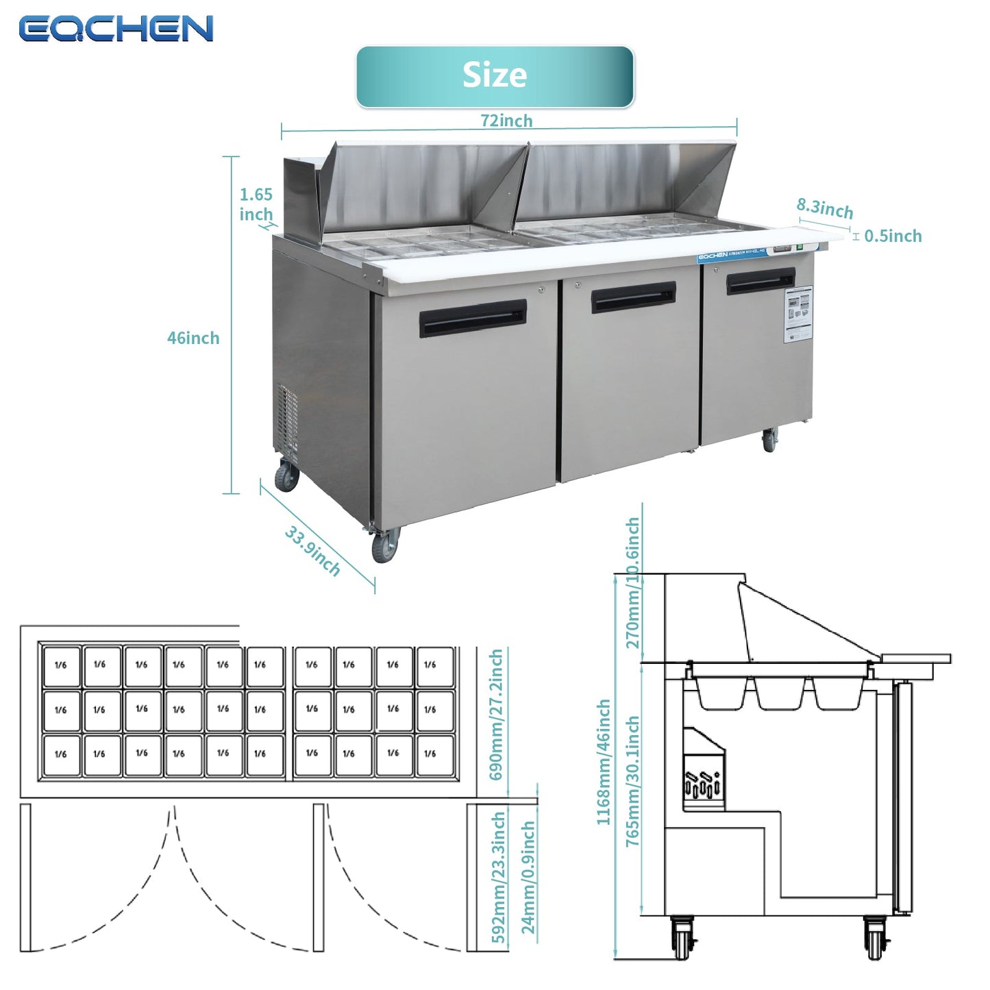 72 inch Salad Sandwich Prep Table Refrigerator, Mega Top, Stainless Steel Food Prep Cooler