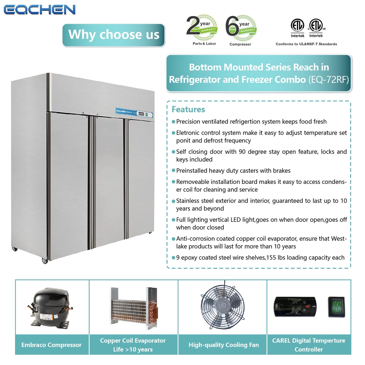 Commercial Fridge and Freezer Combo, EQCHEN 72" 3 door Reach-In Commercial Refrigerator and Freezer Combination