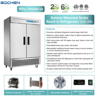 Commercial Reach in Fridge, 2 door 49Cu.ft Stainless Steel Commercial Reach in Upright refrigerator
