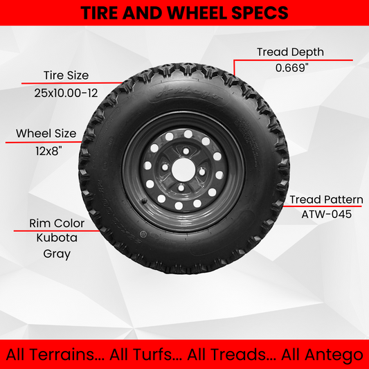 (Qty: 4) 25x10.00-12 tire with 4 Hole wheel for Kubota RTV’s 900, 1100, 1140 UTV’s Assy 6 Ply ATW-045