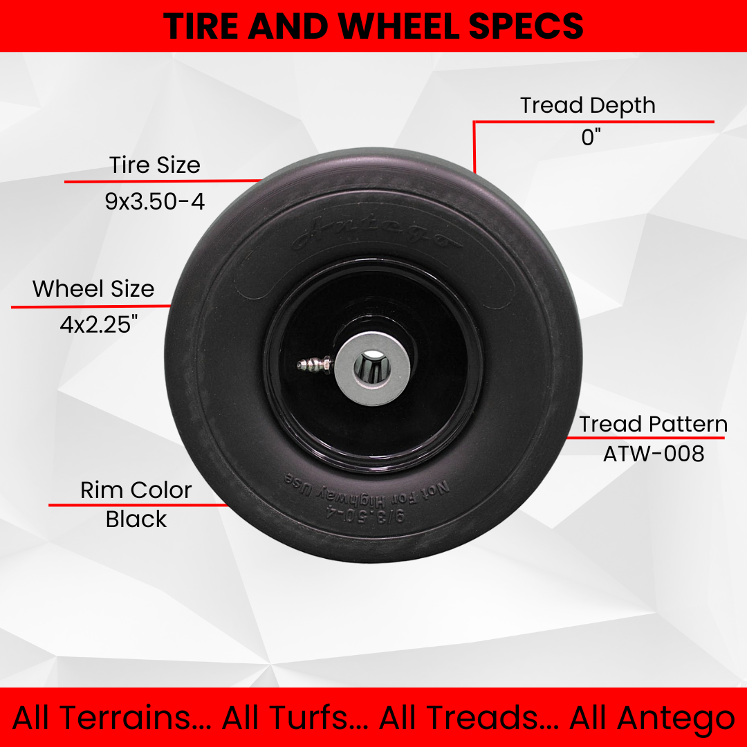 9x3.50-4 Flat Free Tire and Wheel Assemblies - Fits GRAVELY 45205, 3.25" Hub, 3/4" Caged Roller Bearings (Qty: 1)