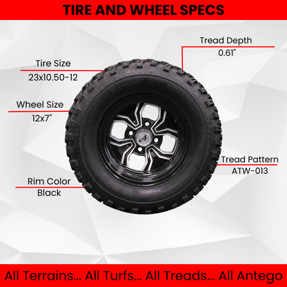 (Qty: 1) 23x10.50-12 ATW-013 with 12x7 Black Fusion Golf Tire and Wheel Assemblies