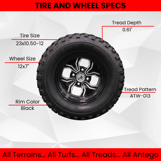 (Set of 4) 23x10.50-12 ATW-013 with 12x7 Black Fusion Golf Tire and Wheel Assemblies