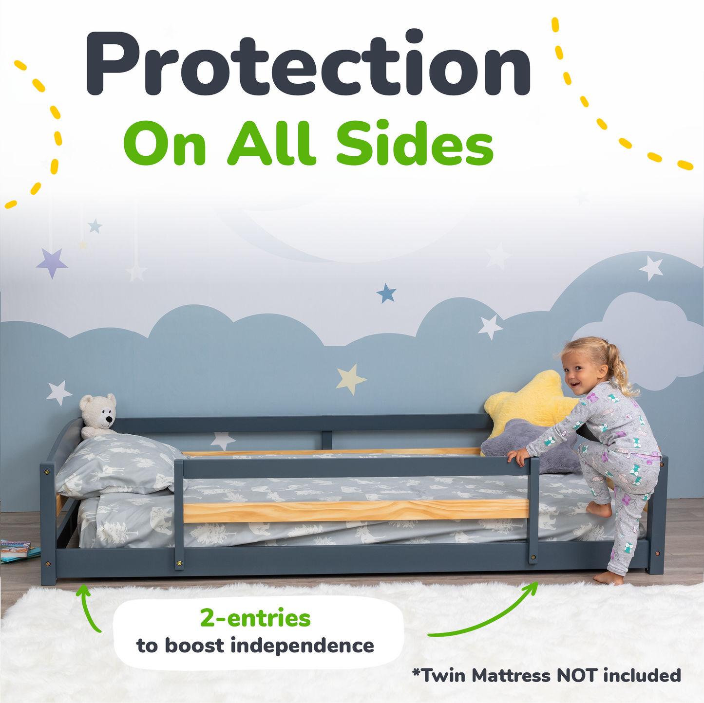 Twin Montessori Floor Bed with Safety Guardrails