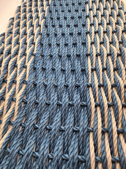 Large Navy Blue and Tan Lobster Rope Mat made with Lobster Rope, Double Weave, Vibrant, Long Lasting Durable