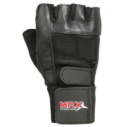 MRX Weight Lifting Gloves With Long Wrist Strap Genuine Leather Black All Sizes