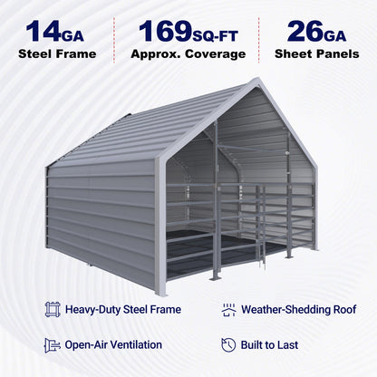 13ftx13ft Metal Livestock Shelter with Enclosed Rear Panel