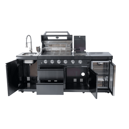 NG 85" 4-Burner 72,000 BTU Black Outdoor Kitchen Island Grill + Refrigerator + Sink