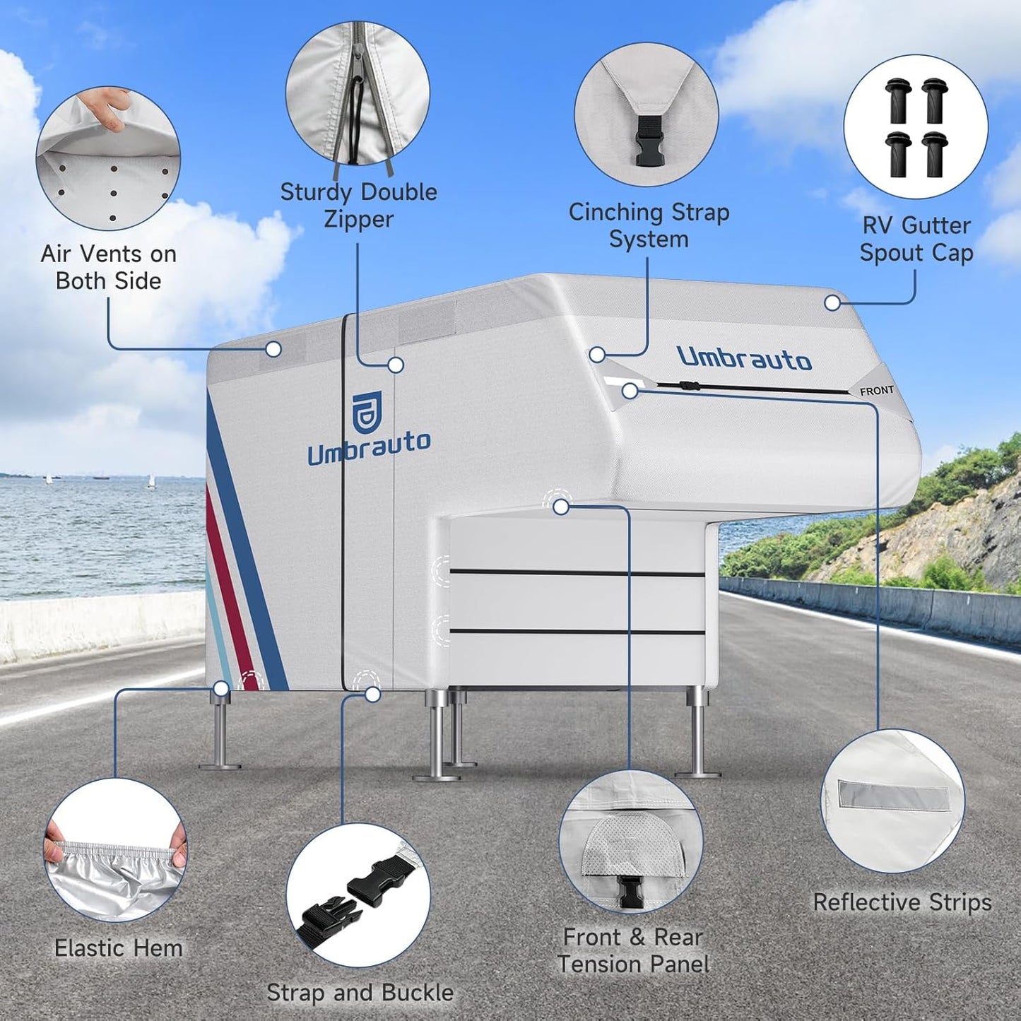 Umbrauto Truck Camper Cover for  Slide-in Campers ¨C 300D Oxford Waterproof RV Cover, Silver-Coated, All-Weather Protection with Windproof Straps & Air Vents